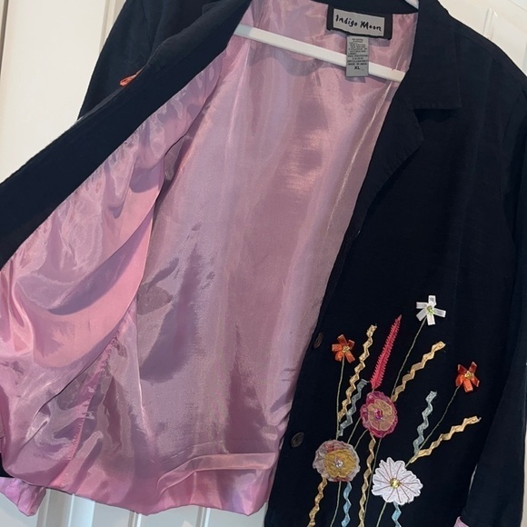 Vintage black floral wearable art blazer jacket sz XL boho hippie mixed media - Picture 3 of 9